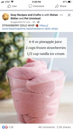 strawberry dole whip in a glass with strawberries on the side and text describing how to make it