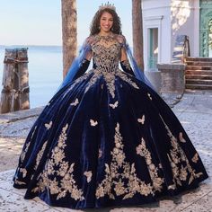 Off Shoulder Applique Lace Up Back Navy Blue Velvet Quinceanera Dress Ball Gown.  "This pin contains affiliate links, which means I may earn a commission at no cost to you extra for you". 
 #affiliate #advertising" Dimensional Applique, Navy Blue Quinceanera Dresses, Quinceñera Ideas, Red Quinceanera Dress, Royal Blue Quinceanera, Quinceanera Dresses Gold, Tulle Cape, Quince Decorations, Blue Quince