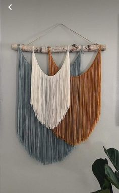 a wall hanging with two different colors of fringes on it and a plant in the corner