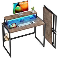 a computer desk with a monitor and keyboard on it