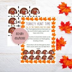 turkey hunt time printable activity for kids with thanksgiving leaves and pumpkins on the table