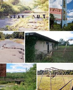 several pictures of abandoned buildings in the country