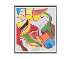 an abstract painting with multicolored lines and shapes in black frame on white wall