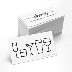 two business cards with wine glasses on the front and one in the back that says cheers