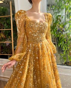 Gown Aesthetic, Golden Gown, Shadi Dresses, Evening Gowns With Sleeves, Yellow Gown, My Wedding Dress, Golden Dress, Fancy Dresses Long, Bridal Dress Fashion