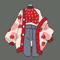 a drawing of a sweater and jeans with strawberries on the sleeves, in red