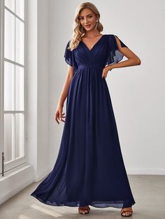 A-Line Pleated Chiffon Tie-Waist Evening Dress #color_Navy Blue Mother Of The Groom Looks, Wedding Cute Ideas, Maid Of Honour Dress, Cap Sleeve Bridesmaid Dress, Sleeve Bridesmaid Dress, Mom Dresses, Bridesmaid Dress Ideas, Womens Prom Dresses, Groom Looks