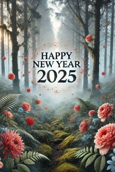 a happy new year card with flowers in the forest