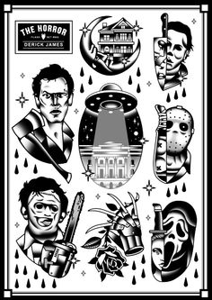 an old school poster with the faces of people and symbols on it, all in black and white