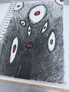 a drawing of an evil looking person with red eyes