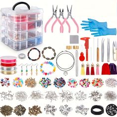 the contents of a jewelry making kit including scissors, beads, bracelets and other accessories