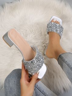 New Summer/Autumn Fashion Diamond Decor White Open Toe High Heel Sandals For Women Silver Glamorous    Plain Mules   Women Shoes, size features are:Bust: ,Length: ,Sleeve Length: Fancy Sandals, Heeled Mule, Shoes Heels Classy, Summer Heels, Open Toe High Heels, Heels Classy, Rhinestone Sandals, Fancy Shoes, Girly Shoes