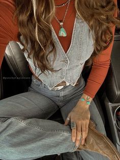 Looking to spice up your wardrobe and need some inspo? Follow my link to purchase items similar to achieve this look!🫶🏼 #shopping #amazonfinds #amazon #western #turquoise #denim #jeans Fall Western Outfits Cardigans, Punchy Western Fashion, Jean Jacket Outfits Western, Midwest Spring Outfits, Western Outfit With Vest, Western Denim Vest Outfit, Jean Vest Outfits Western, Casual Western Fashion, Western Inspo Outfits