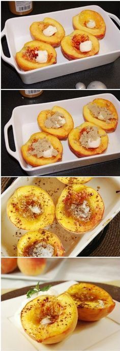 the process of making mini peaches with cheese and seasoning on them is shown in three different stages