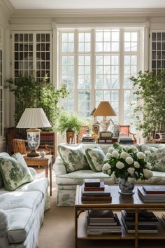 a living room filled with lots of furniture and flowers on top of a coffee table