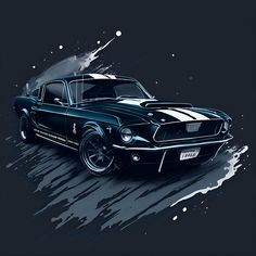 an old mustang muscle car painted in black and white