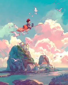 a painting of a girl flying in the sky over a small island with seagulls