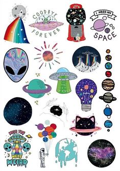 an assortment of stickers with space related items