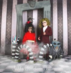 two children dressed up in halloween costumes sitting next to each other on a checkered floor