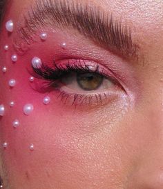 Gems On Face Ideas, Pink Makeup With Pearls, Pink Jewel Makeup, Glittery Pink Makeup, Pink Drag Makeup, Pink Sparkle Makeup, Vampire Bride, Rave Makeup