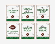 four posters with footballs and the words tackle and appetite in green on them