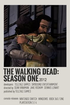 the walking dead season one poster with two people hugging each other in front of a building