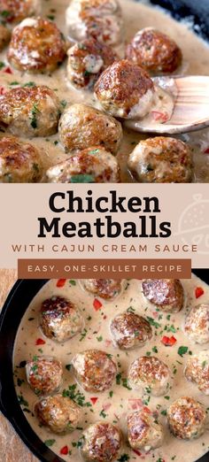 chicken meatballs with cauliflower cream sauce in a skillet