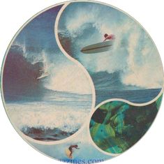 a plate with pictures of surfers and waves in the ocean, on it's side