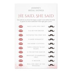 the bridal shower he said, she said card with lips and mustaches on it