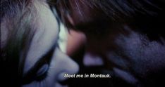 a man and woman kissing each other with the words meet me in montauk