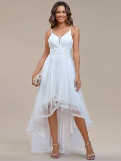 Stylish Floral Embroidered Waist High-Low Prom Dress #color_White Sleeveless Prom Dress, High Low Prom Dress, Prom Dresses Sleeveless, Ever Pretty, Chiffon Fabric, Bride Dress, Special Occasion Dresses, Occasion Dresses, Mother Of The Bride