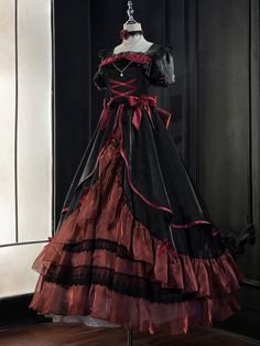 [$68.50]Black and Red Elegant Princess Dress Puff Sleeves Gorgeous One Piece Vampire Dress Victorian, Victorian Red Dress, Goth Victorian Dress, Gothic Dress Elegant, Princess Birthday Dress, Black Victorian Dress, Red Short Dress, Dress With Choker, Satin Ruffle Dress