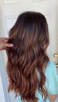 Red, copper, brown balayage Red Balayage Hair, Brunette Hair With Highlights, Ginger Hair Color, Hair Color Auburn, Brown Hair Balayage, Balayage Brunette, Auburn Hair, Hair Color Balayage