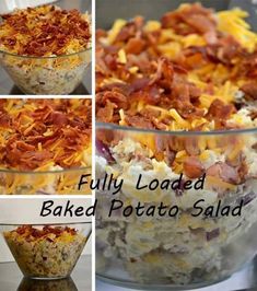 four pictures show different types of baked potato salad in glass bowls with bacon and cheese on top