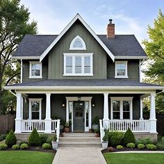 a gray house with white trim on the front porch and two story entryway to the second floor