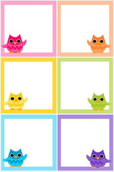 four different colored owls sitting on top of each other in the middle of squares with one owl