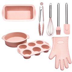 an assortment of kitchen accessories including baking utensils and cake decorating pans