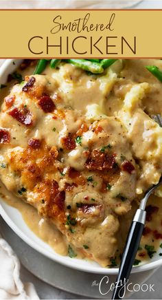 smothered chicken with crumbled bacon on a white plate and topped with gravy Smothered Chicken, Dinner Recipes For Family, Chicken Main Dishes, Poultry Recipes, Chicken Dinner Recipes, Easy Chicken Recipes