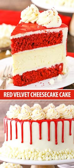 red velvet cheesecake cake with white frosting