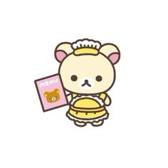 a cute little bear holding a menu in it's hand and wearing a tiara