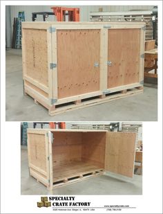 two pictures showing the inside and outside of a wooden storage unit with doors open on each side