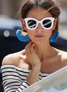 White Frame Sunglasses Outfit, Tassel Earrings Outfit, White Sunnies, Statement Earrings Outfit, White Frame Sunglasses, Blue Tassel Earrings, Statement Sunglasses, Colourful Earrings