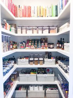 an organized pantry filled with lots of food