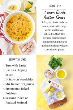 the recipe for lemon garlic butter sauce is shown in three different pictures and includes ingredients to make