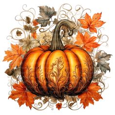 a drawing of a pumpkin surrounded by autumn leaves