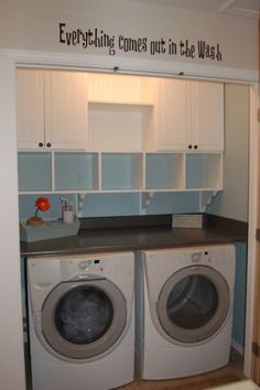 a washer and dryer in a laundry room with the words everything comes out the washer