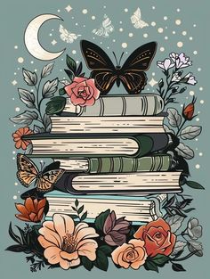 a stack of books with flowers and butterflies on top of them, against a blue background