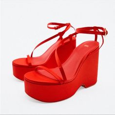 Zara Red Satin Chunky Sandals Heels No Box/Bag Size Women's Uk/42 Us/11 Bundle And Save Red Platform Sandals For Evening, Trendy Red Wedge Sandals For Party, Red Wedge Sandals For Spring Party, Red Wedge Sandals For Party In Spring, Party Sandals With Red Sole And Wedge Heel, High Heel Wedge Sandals With Red Sole, Party Wedge Sandals With Red Sole For Spring, Red Sole Wedge Sandals For Spring Party, Spring Party Wedge Sandals With Red Sole