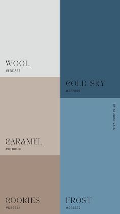 four color palettes with the names of different colors and font options for each one