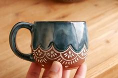 a hand holding a coffee mug on top of a wooden table